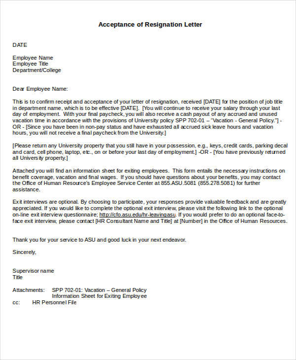 Resignation Acceptance Email From Hr Sample Resignation
