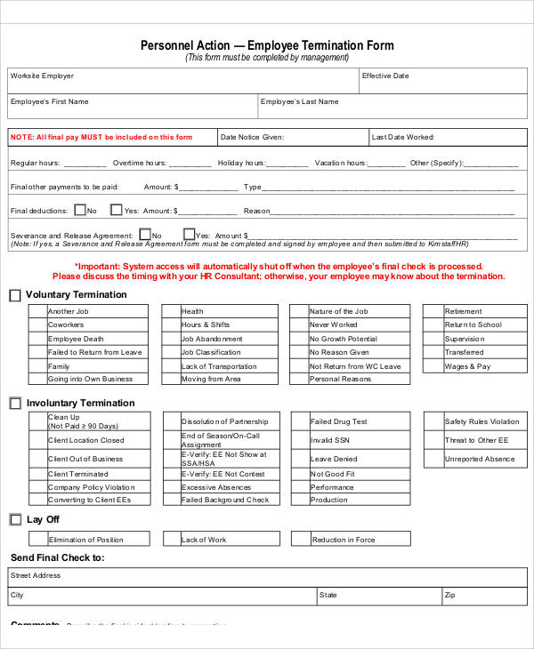 employee termination action form