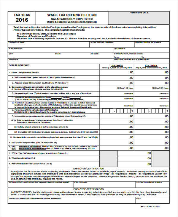 employee wage tax refund petition