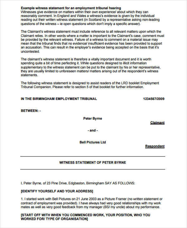 employee witness statement template