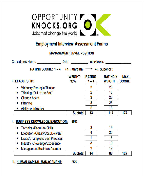 employment interview assessment form