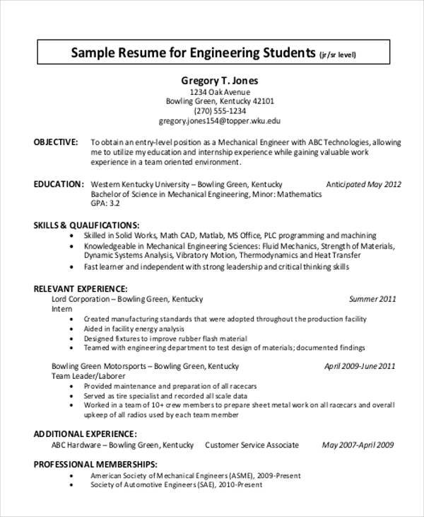engineering student resume format
