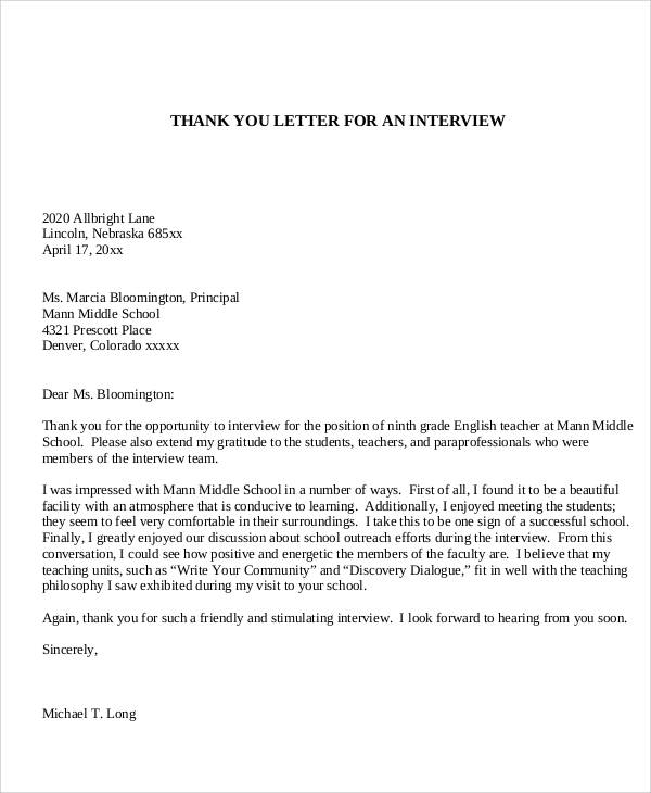 example of teacher interview thank you letter