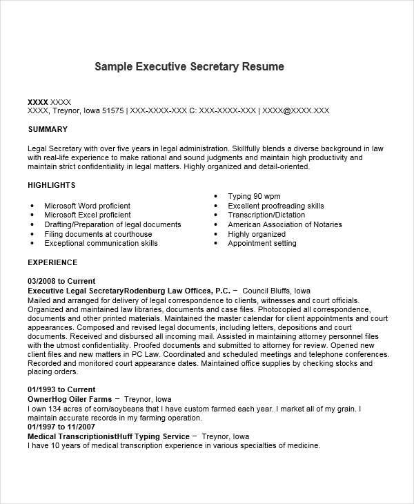 executive legal secretary resume