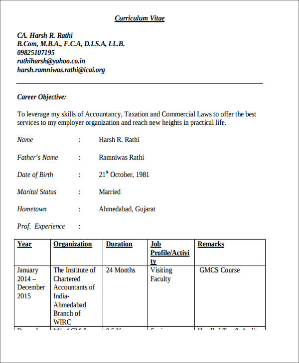 experienced chartered accountant resume example