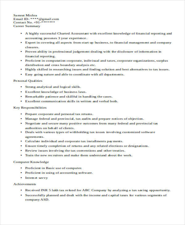 experienced chartered accountant resume