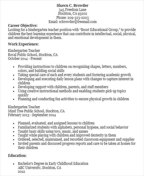 experienced kindergarten teacher resume