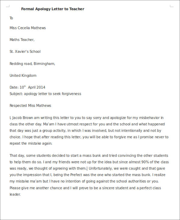 formal apology letter to teacher