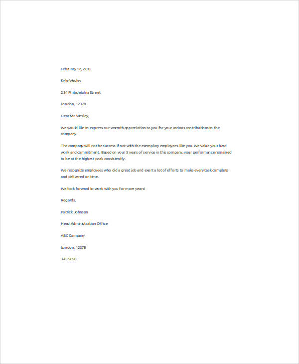 formal employee appreciation letter