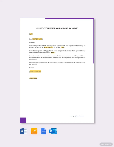 free appreciation letter for receiving an award template