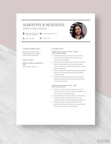 free graphic design teacher resume template