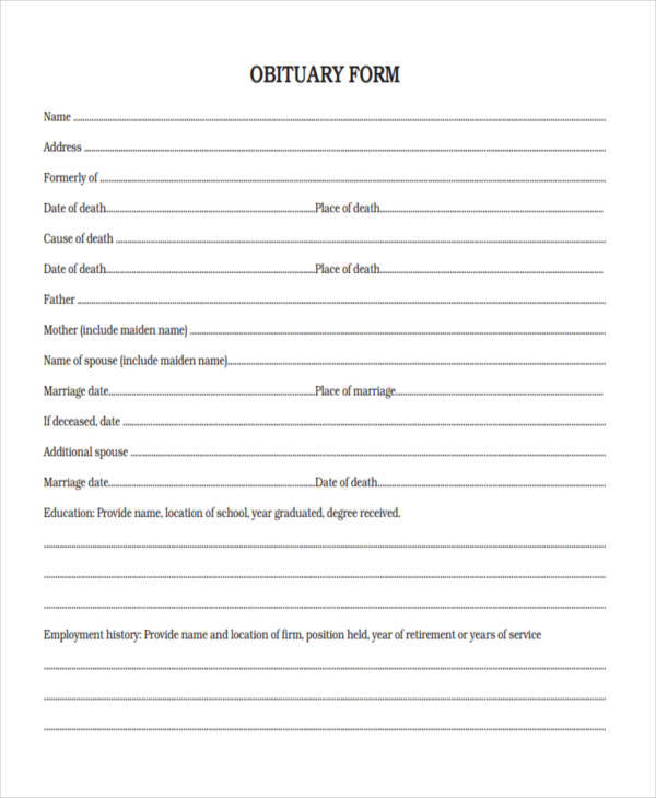 obituary sample form