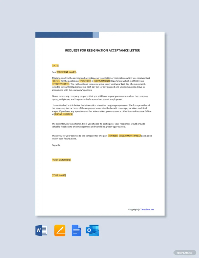 free request for resignation acceptance letter template