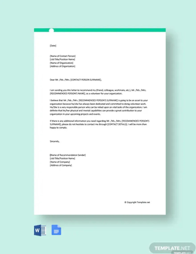 free volunteer service recommendation letter template