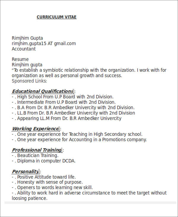 resume sample for accountant fresher