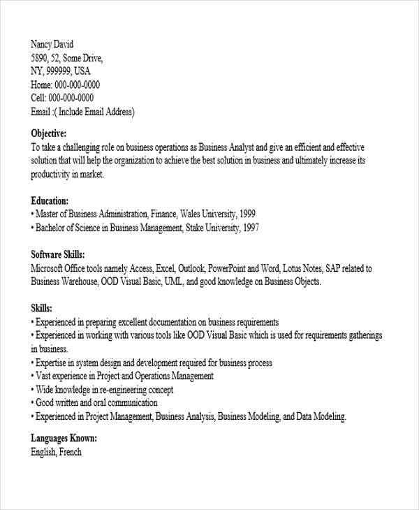 fresher business analyst resume