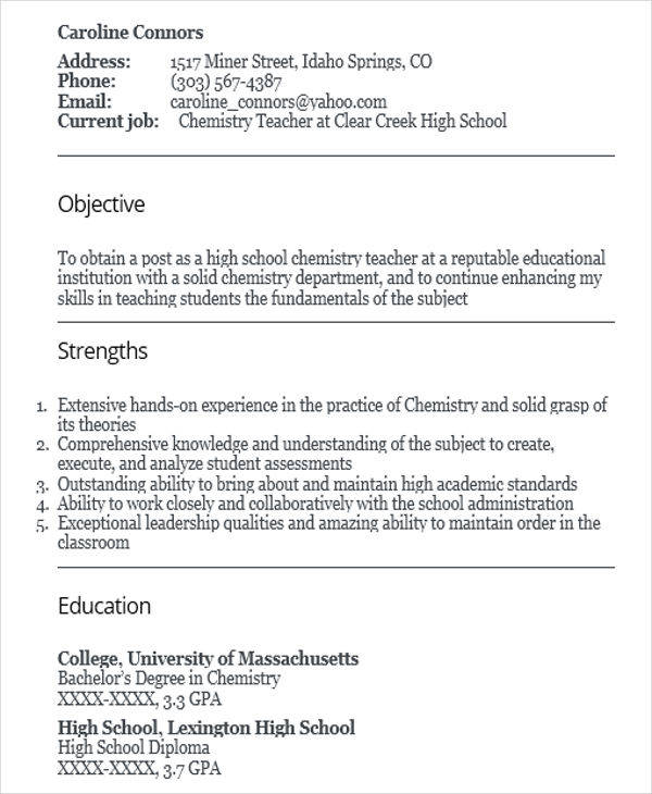 resume for chemistry teacher job