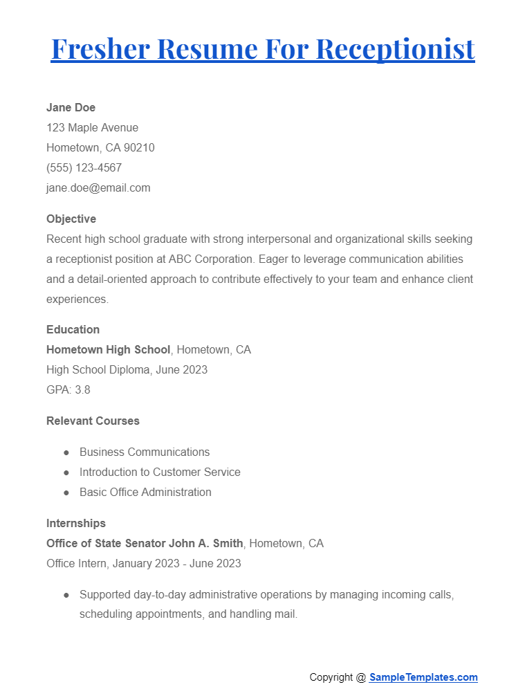 fresher resume for receptionist