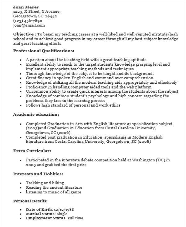 fresher teacher resume pdf