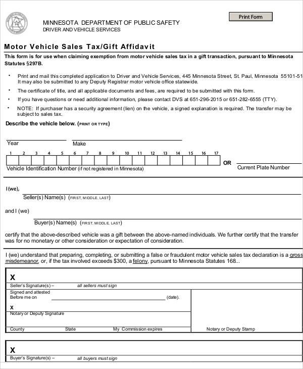 gift tax affidavit form