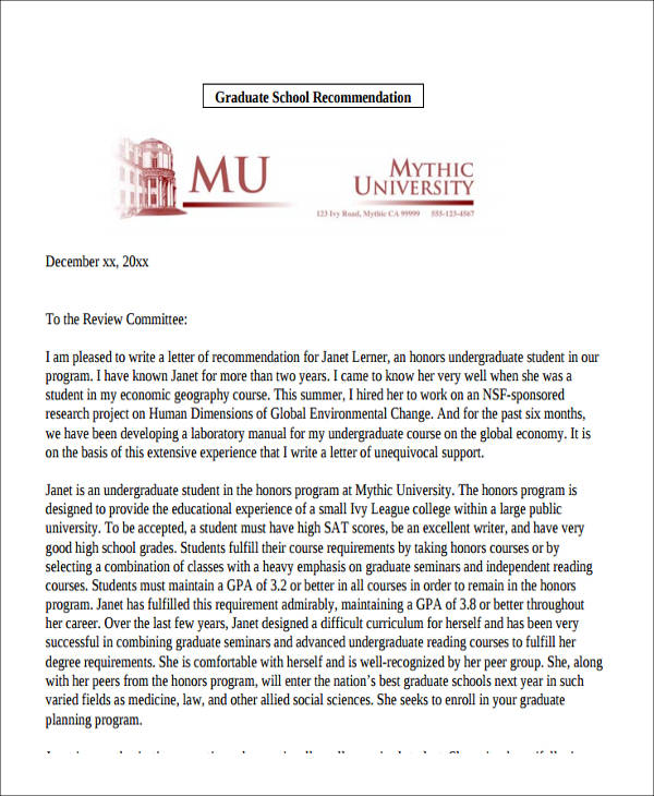 graduate school self recommendation letter