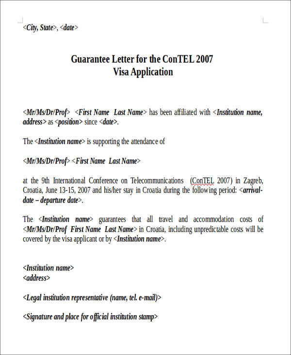 guarantee letter for visa application