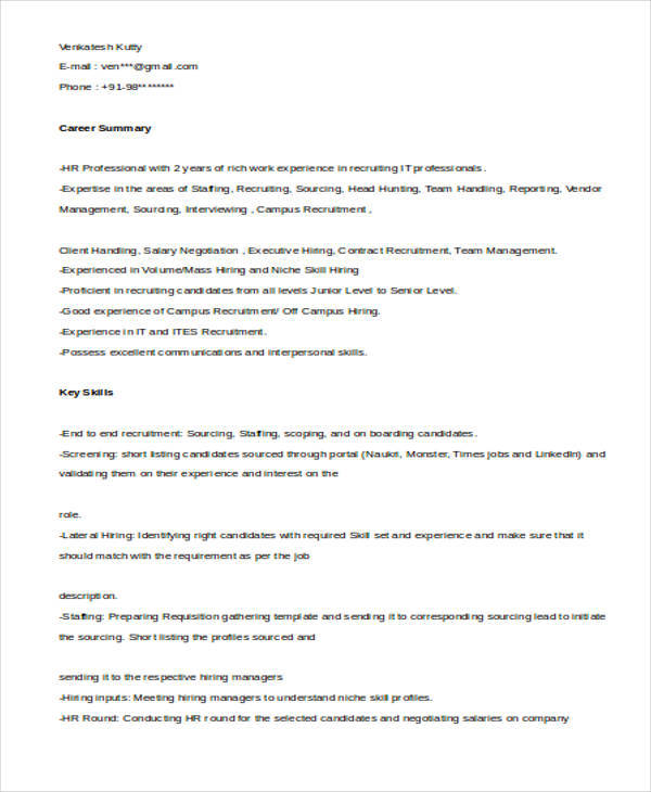 Hr Recruiter Resume Format In Word