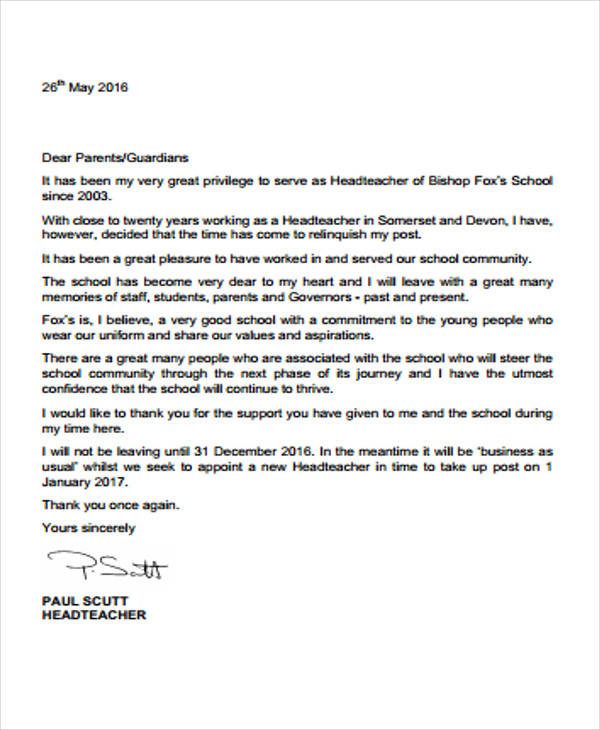 head of school resignation letter