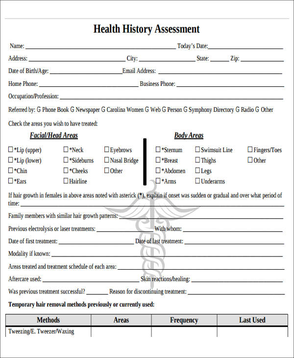 health history assessment form