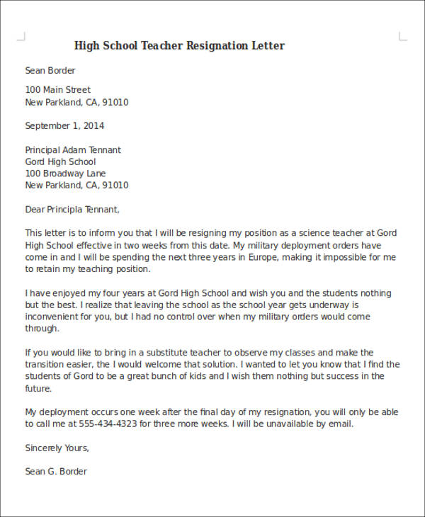 FREE 4+ Sample Teaching Resignation Letter Templates in MS