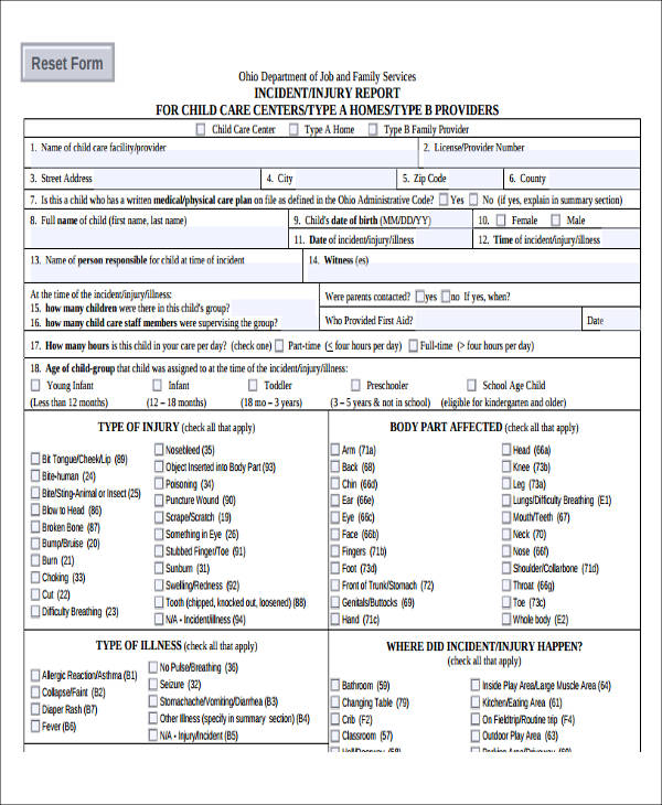 home day care incident report