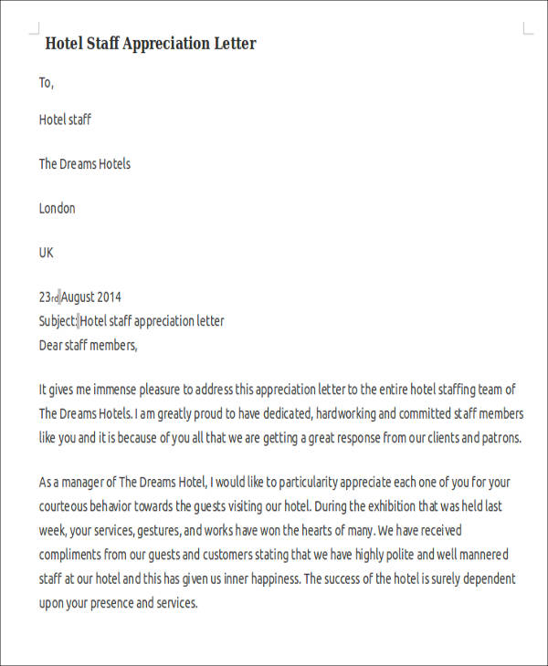 hotel staff appreciation letter
