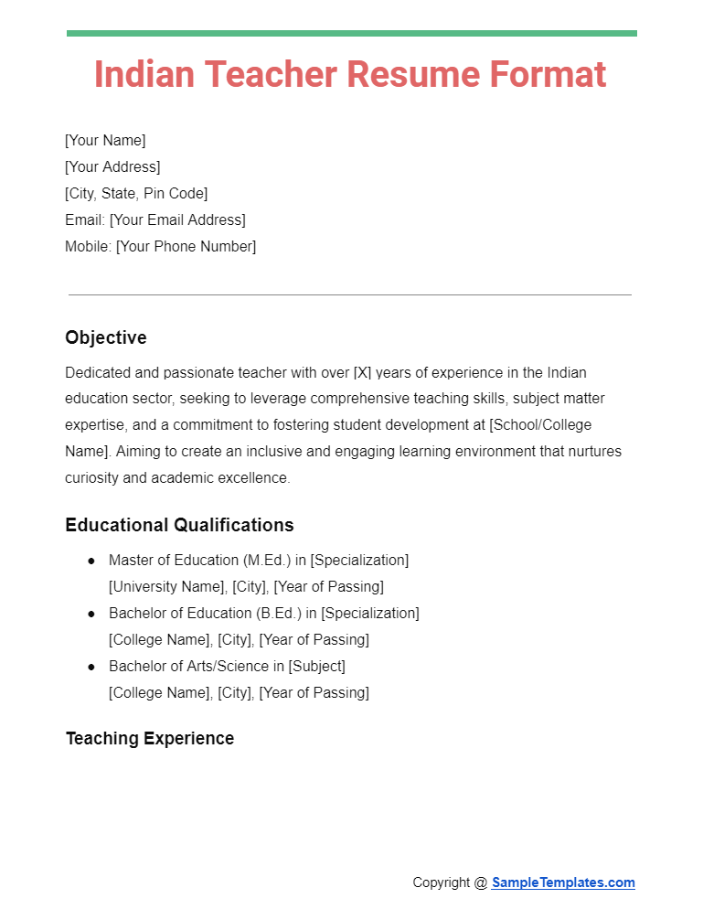 indian teacher resume format