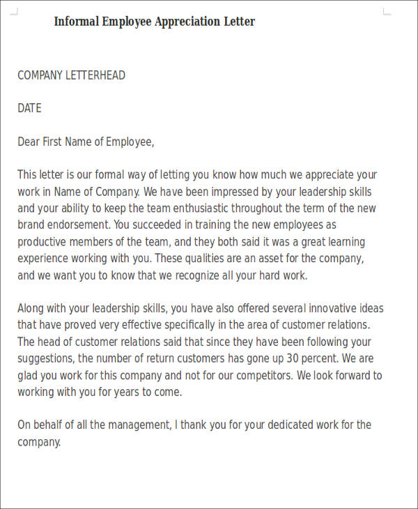 informal employee appreciation letter
