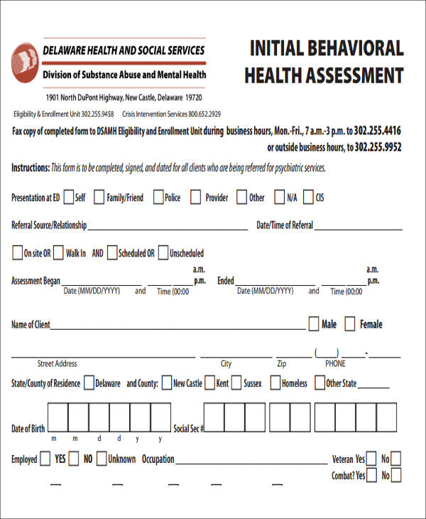 initial behavior health assessment form