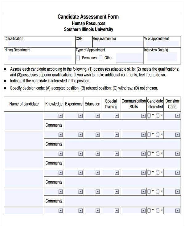 interview candidate assessment form