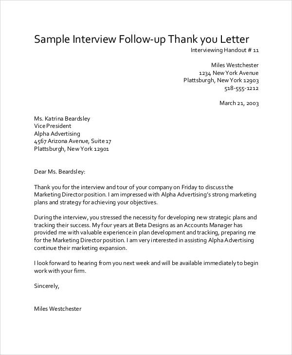 Follow up thank you letter from job interview