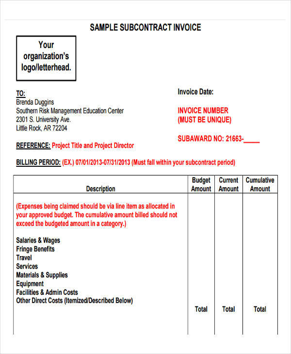 subcontractor invoice template microsoft word