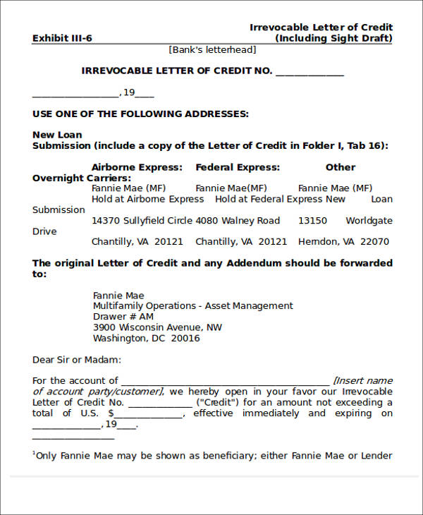 irrevocable letter of credit
