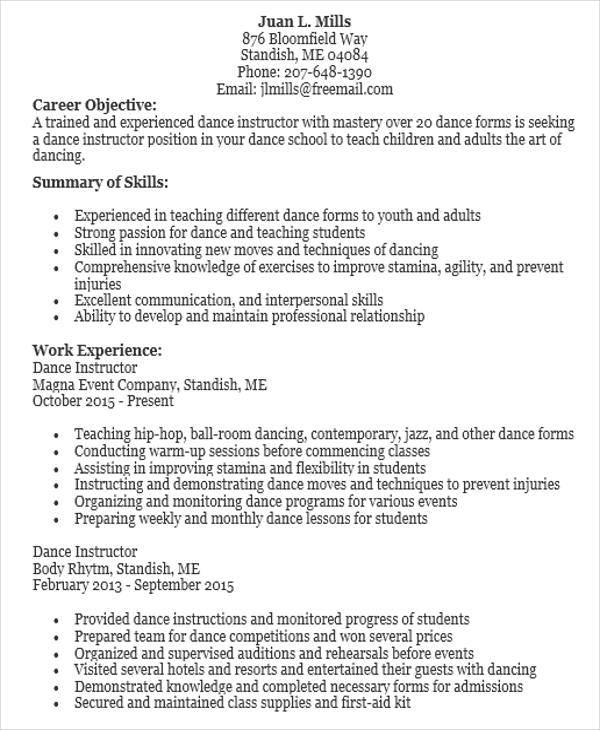 jazz dance teacher resume