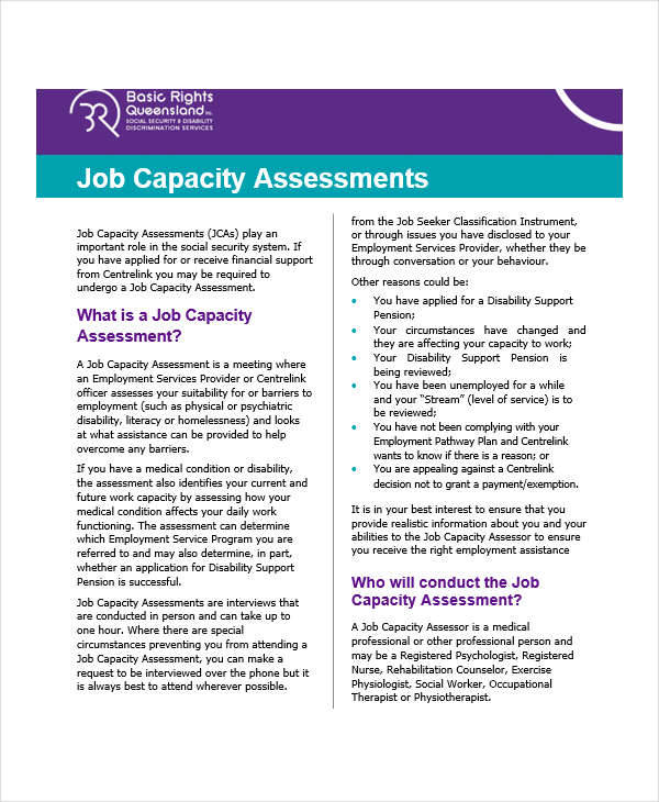 Job capacity assessment disability pension