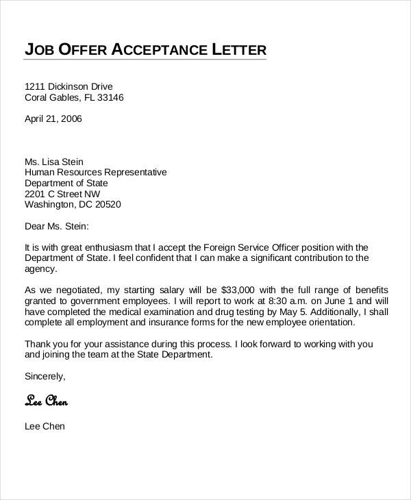 job offer acceptance letter