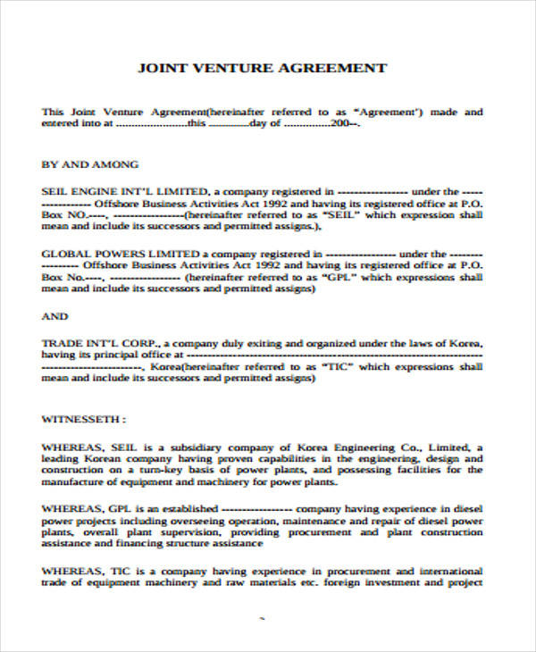 joint venture agreement example