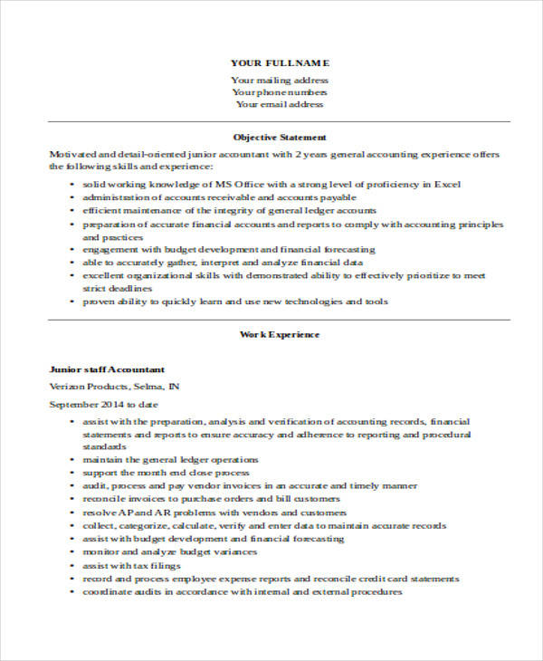 junior staff accountant resume