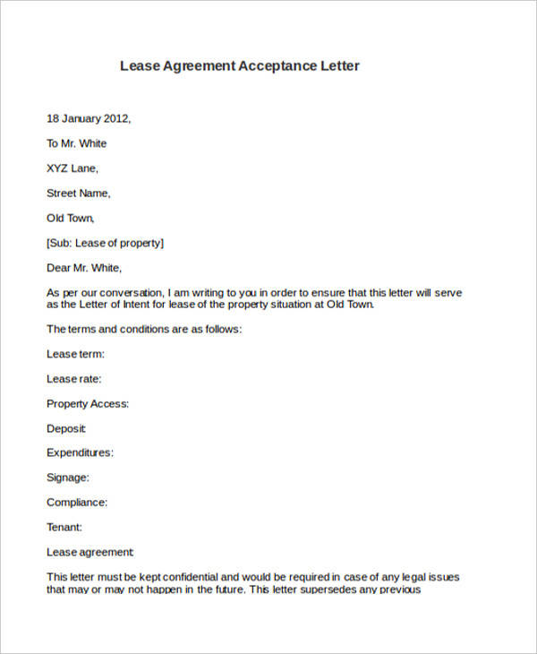 lease agreement acceptance letter