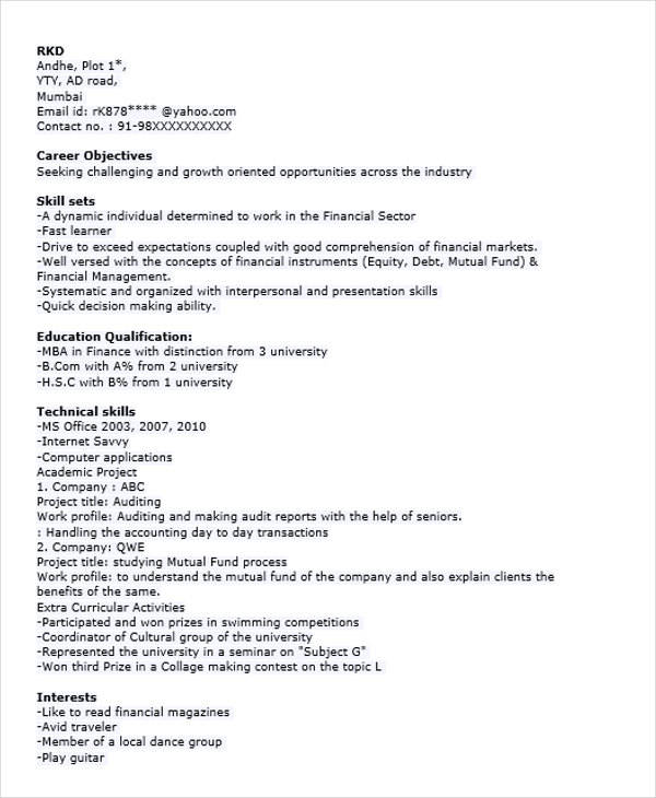 mba finance fresher resume