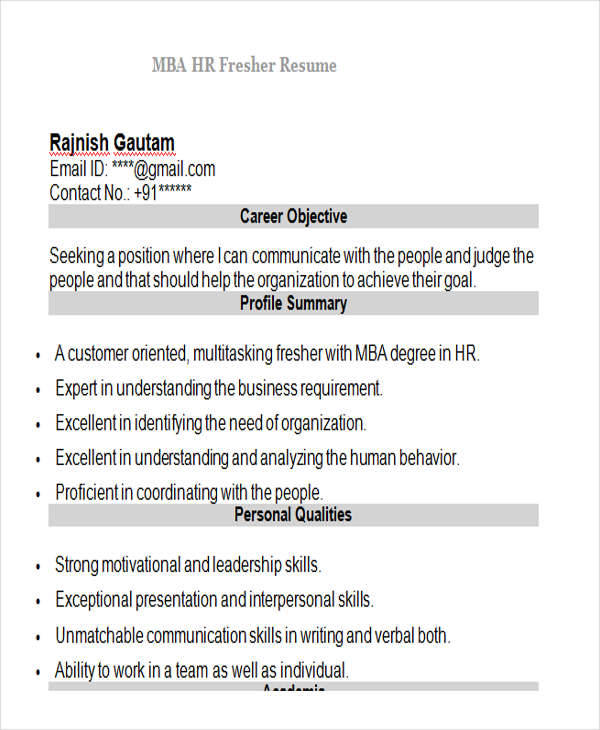 mba hr fresher resume1