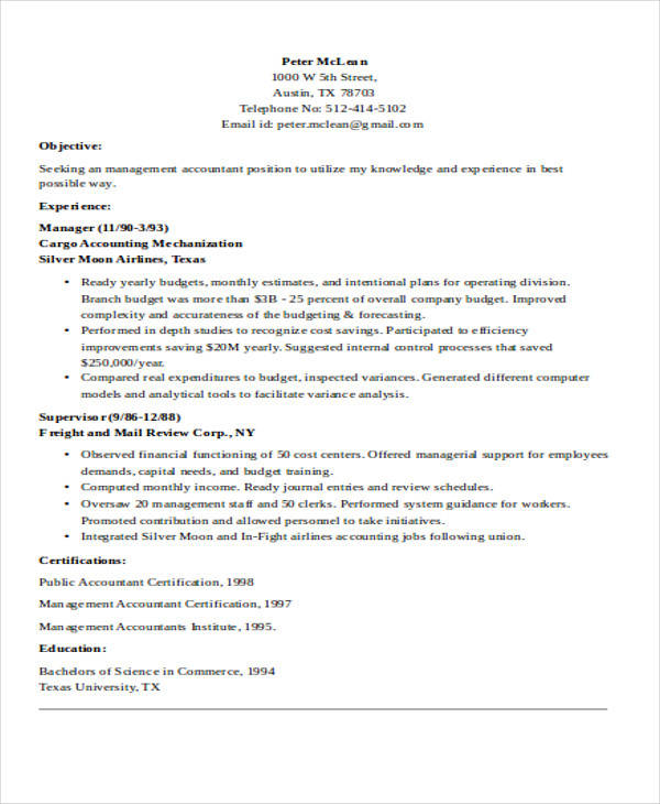 management accountant resume sample