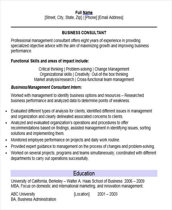 management consultant fresher resume