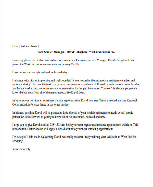 manager letter to introducing to staff
